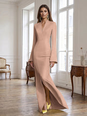 Yellow Long Bell Sleeve Mermaid Evening Gown with Asymmetric V-Neck Formal Dresses