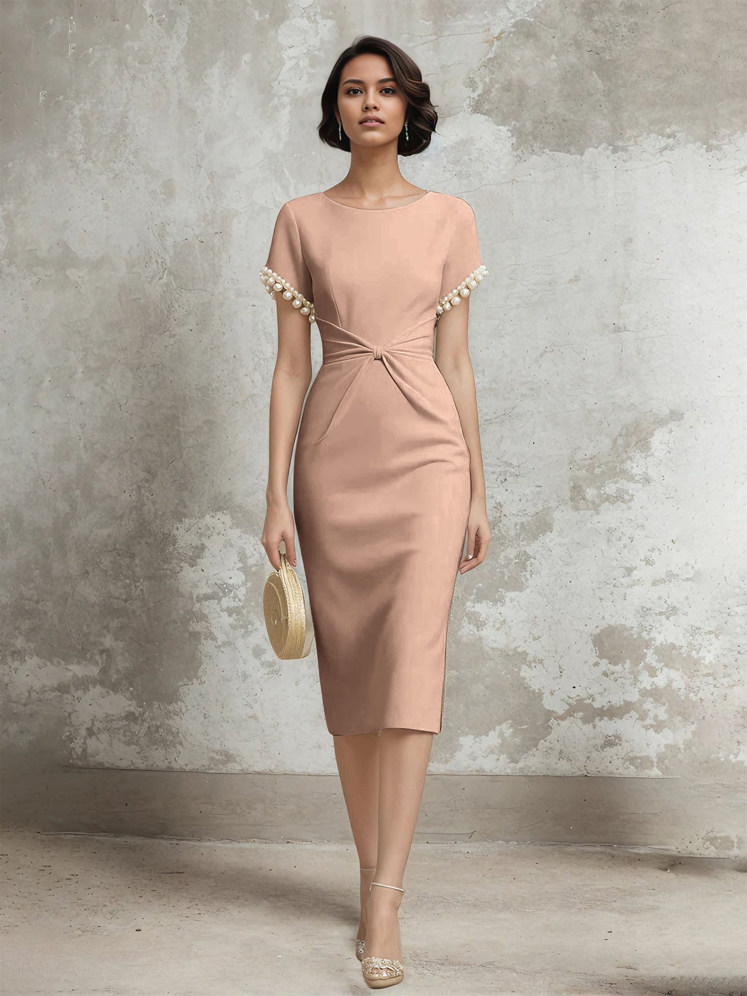 Column Short Sleeve Tea Length Dress With Pearls