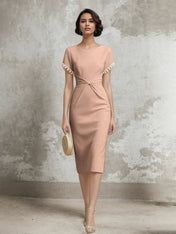 White Stretch Crepe Sheath/Column Short Sleeve Tea Length Dress With Pearls