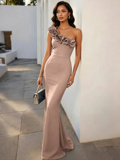 Navy Blue 3D Floral Classic One Shoulder Sleeveless Mermaid Gown Dress