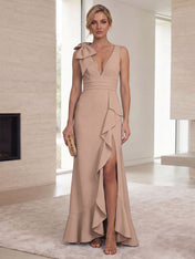 Ice Blue Bow-Accent Ruffle Slit Gown Formal Evening Dress