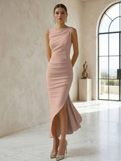 Elegant Formal Evening Gown Butter Yellow Ruched Asymmetrical Midi Dress