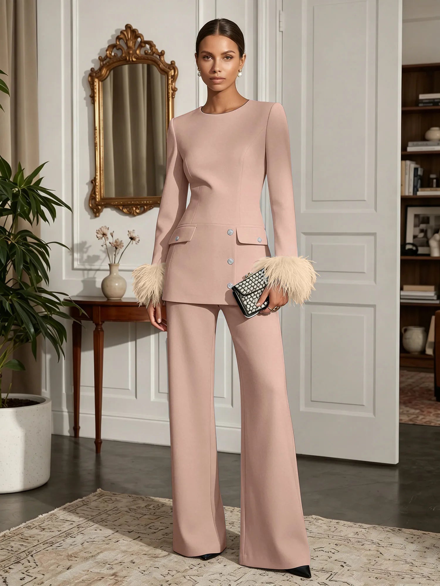 Women's White Two-Piece Set: Buckle Detail Feather-Trimmed Top & Straight-Leg Pants