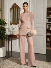 Women's White Two-Piece Set: Buckle Detail Feather-Trimmed Top & Straight-Leg Pants