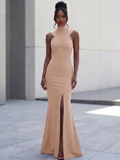 High-Neck Cross-Bodice Sleeveless Maxi Dress