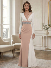 Elegant Navy & White Color-Block Long Sleeve Floor-Length Evening Gown Formal Dresses