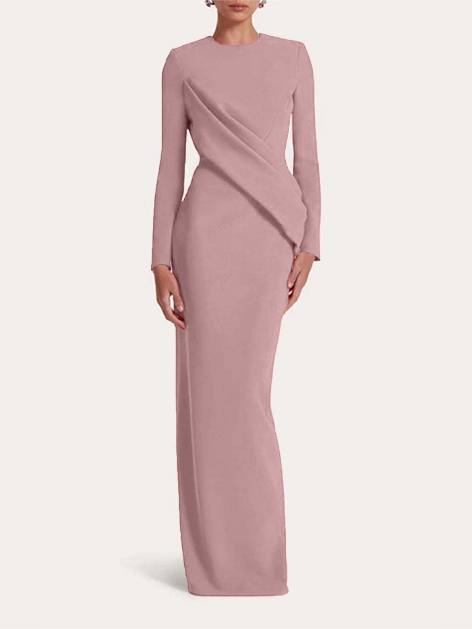 Red Sheath/Column Scoop Long Sleeves Chiffon Floor-Length Ruffles Formal Dress