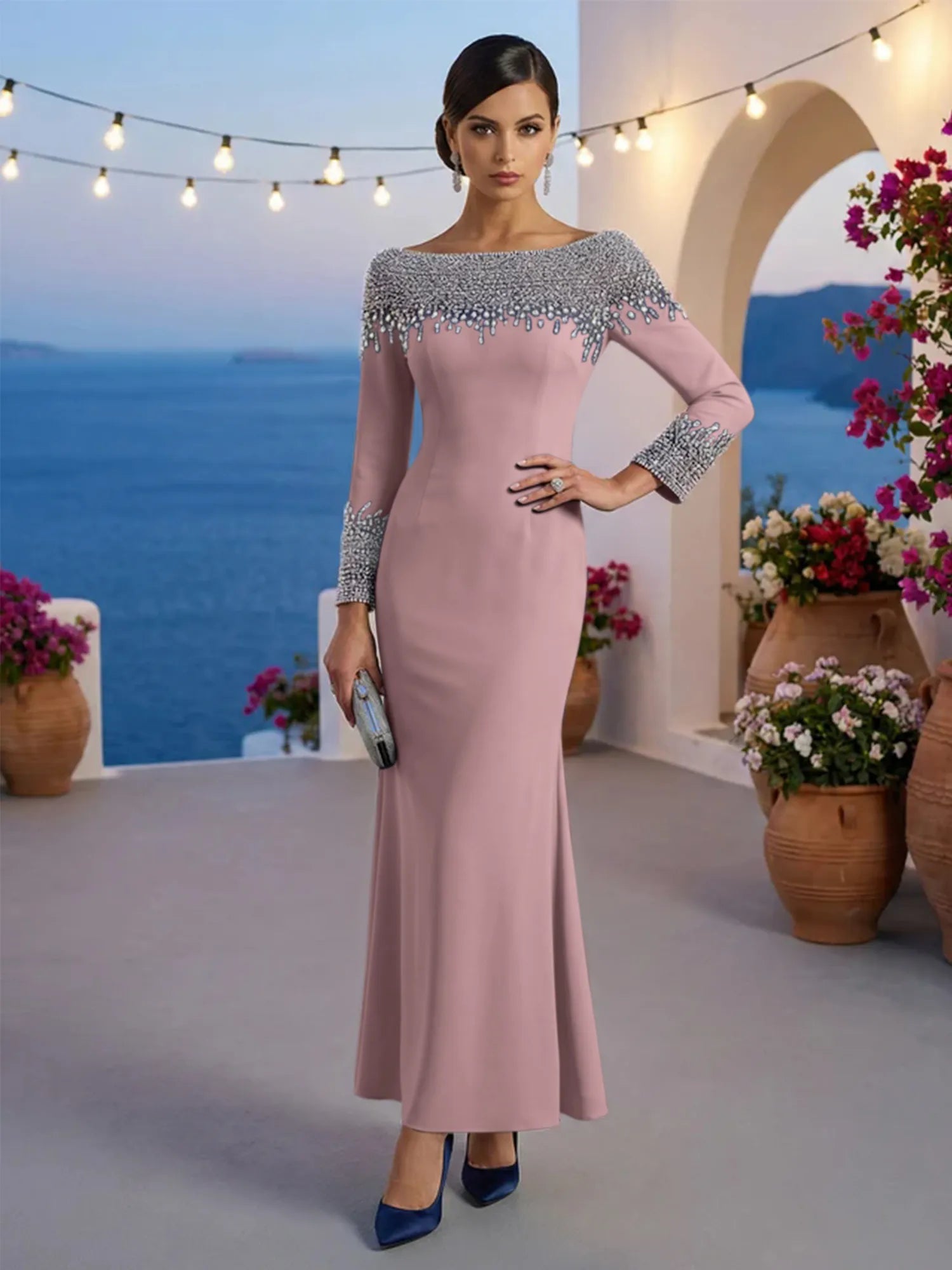 Formal Evening Dress Blue Velvet Long Sleeves Maxi Dress with Crystal