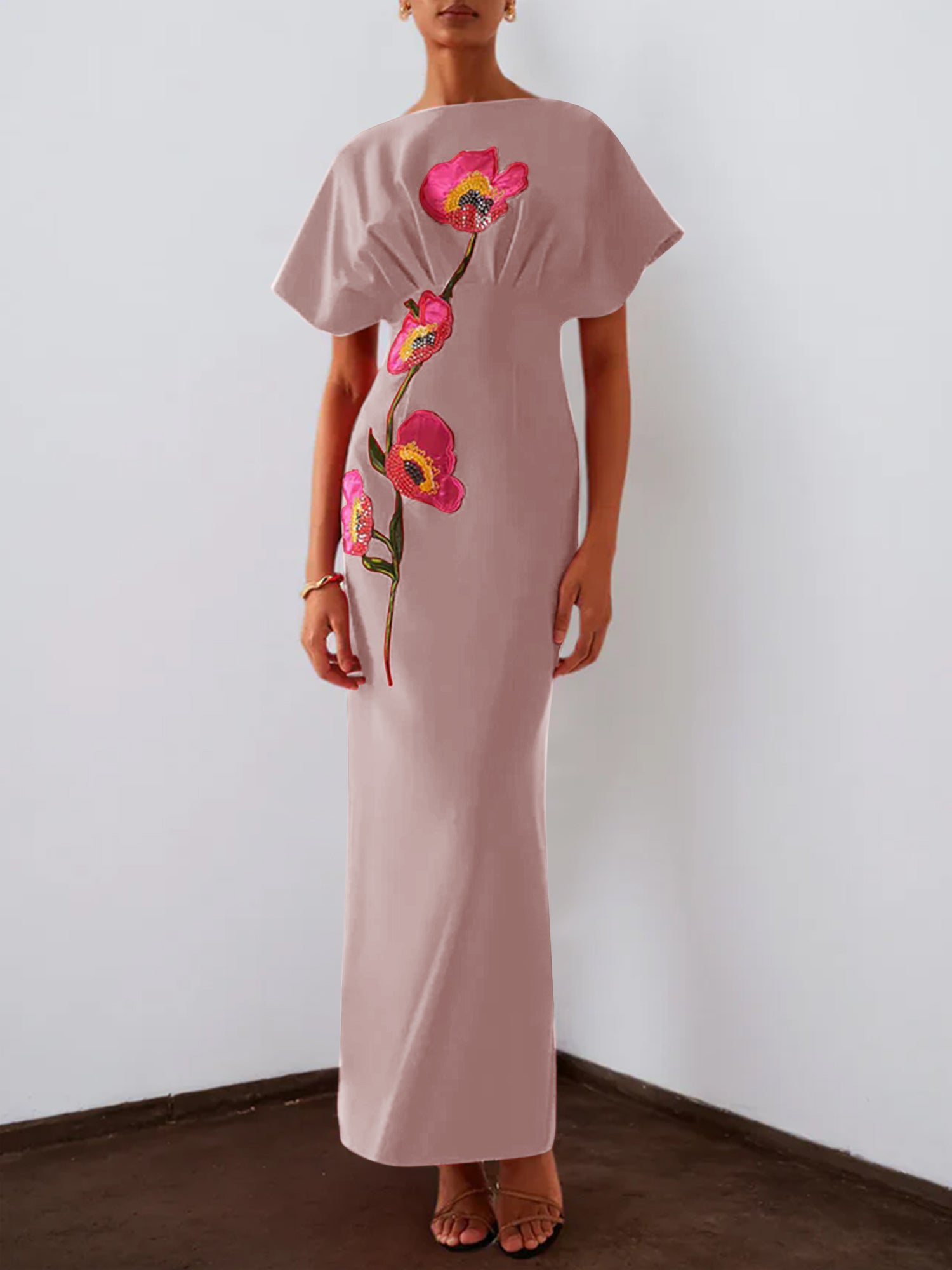 Red 3D Floral Appliqué Boat Neck Short Sleeve Backless Sheath Maxi Dress