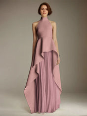 White Sleeveless High Neck Chiffon Long Formal Dress With Ruffles
