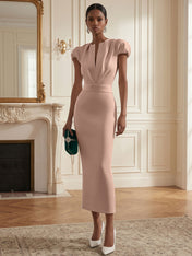 White Ruched Classic Notched Short Sleeve Puff Sleeve Sheath Midi Dress