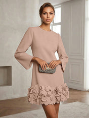 Powder Blue 3D Floral Classic Crew Neck Bell Long Sleeve Shift Mini Dress