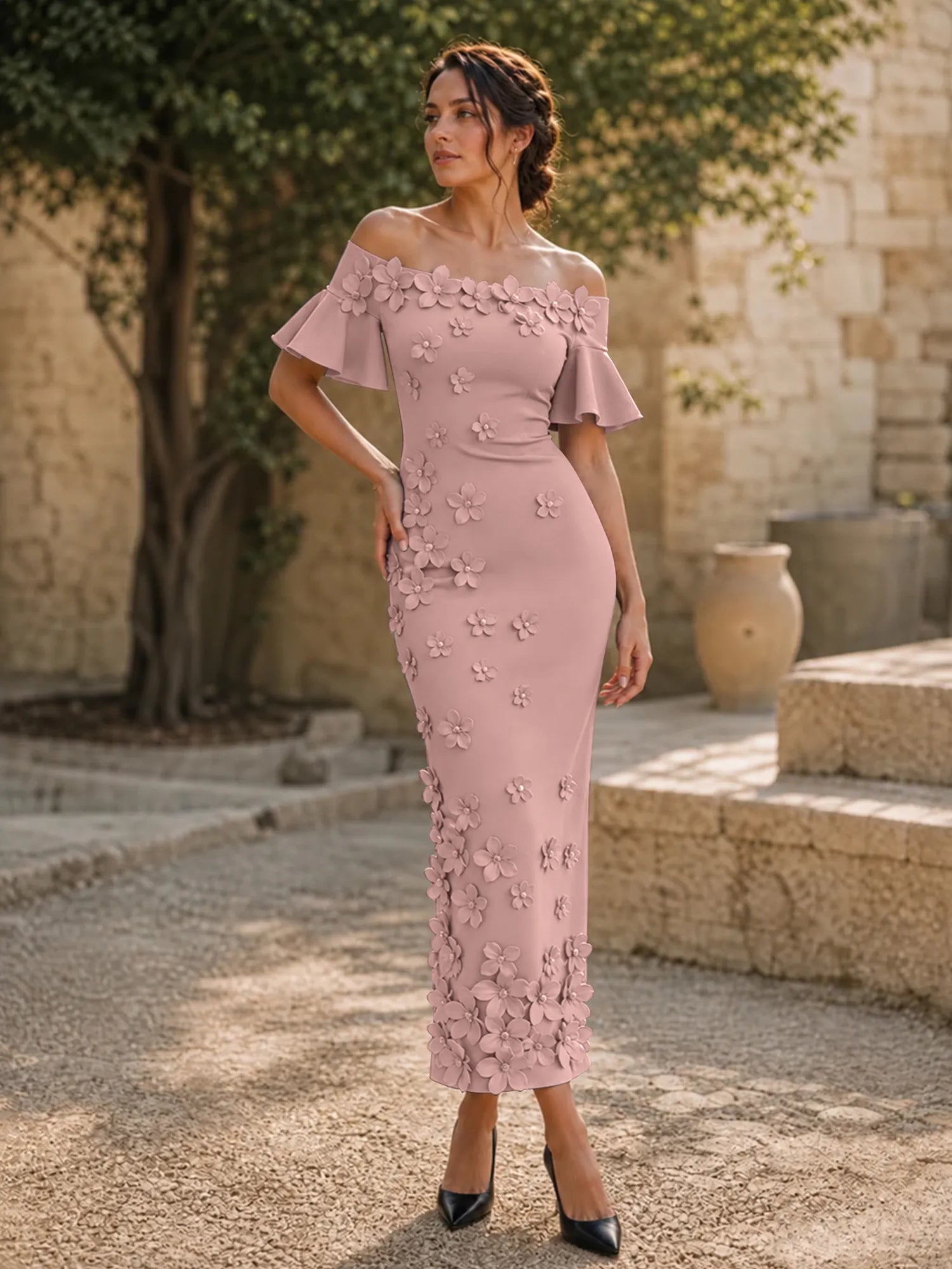 Black 3D Floral Off-The-Shoulder Ankle-Length Gown Dress
