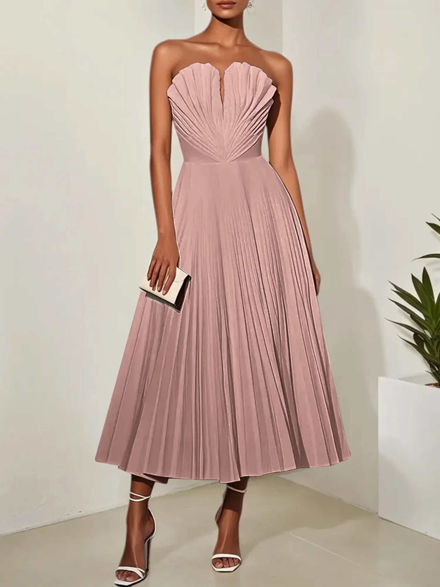White Pleated Classic Strapless Sleeveless A-Line Midi Dress