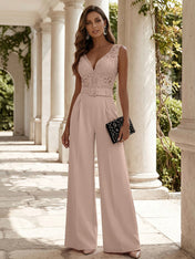 Women Pink Lace Deep V Neck Sleeveless Dressy Jumpsuit