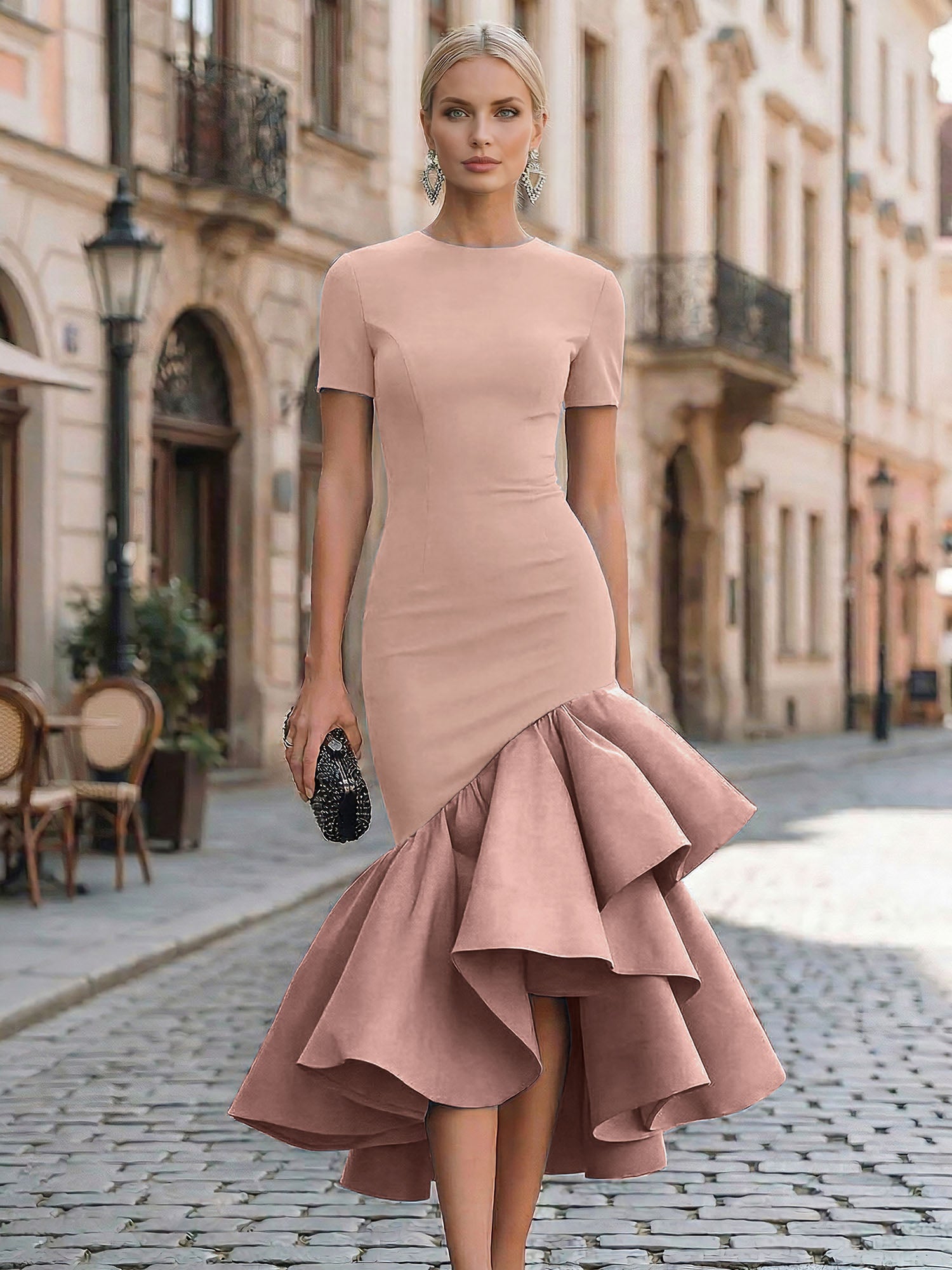 Evening Foraml Gown Avant-Garde Black Short-Sleeve Tiered Ruffle Midi Dress