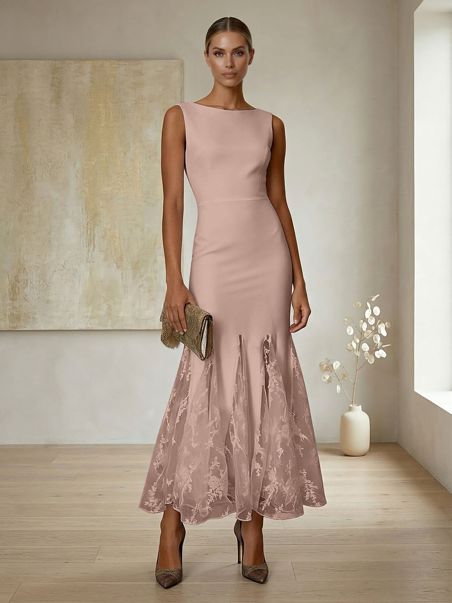 Elegant Formal Evening Gown Lilac Sleeveless Midi Dress with Embroidered Lace Godets