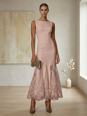 Elegant Formal Evening Gown Lilac Sleeveless Midi Dress with Embroidered Lace Godets