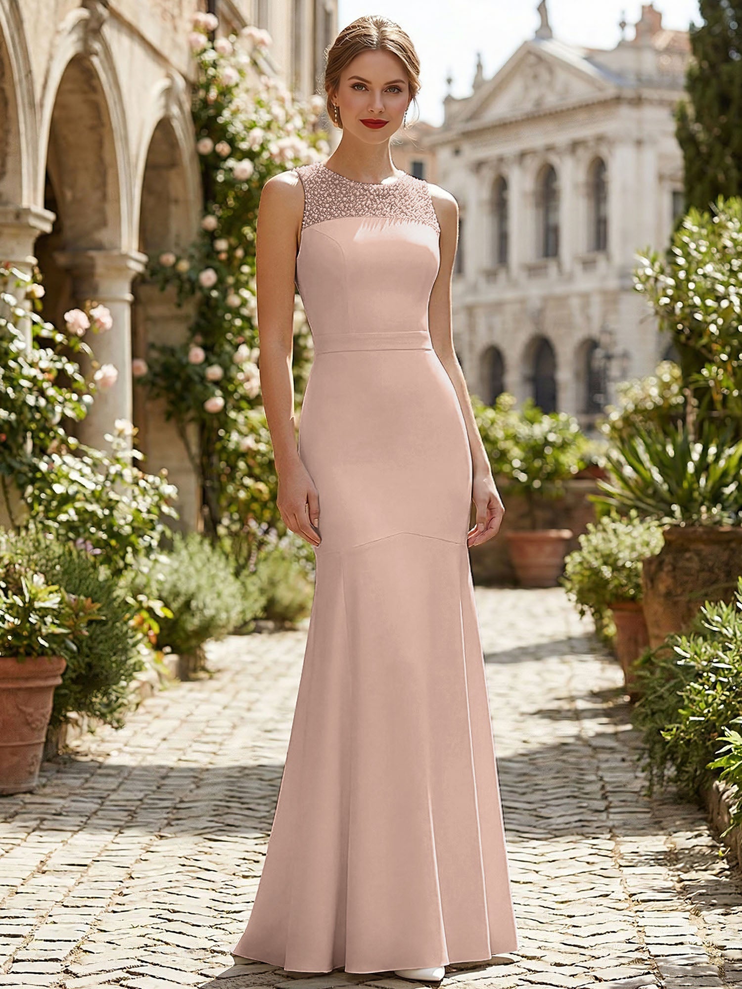 Pure White Sequin Neckline Sleeveless Mermaid Maxi Dress Gown