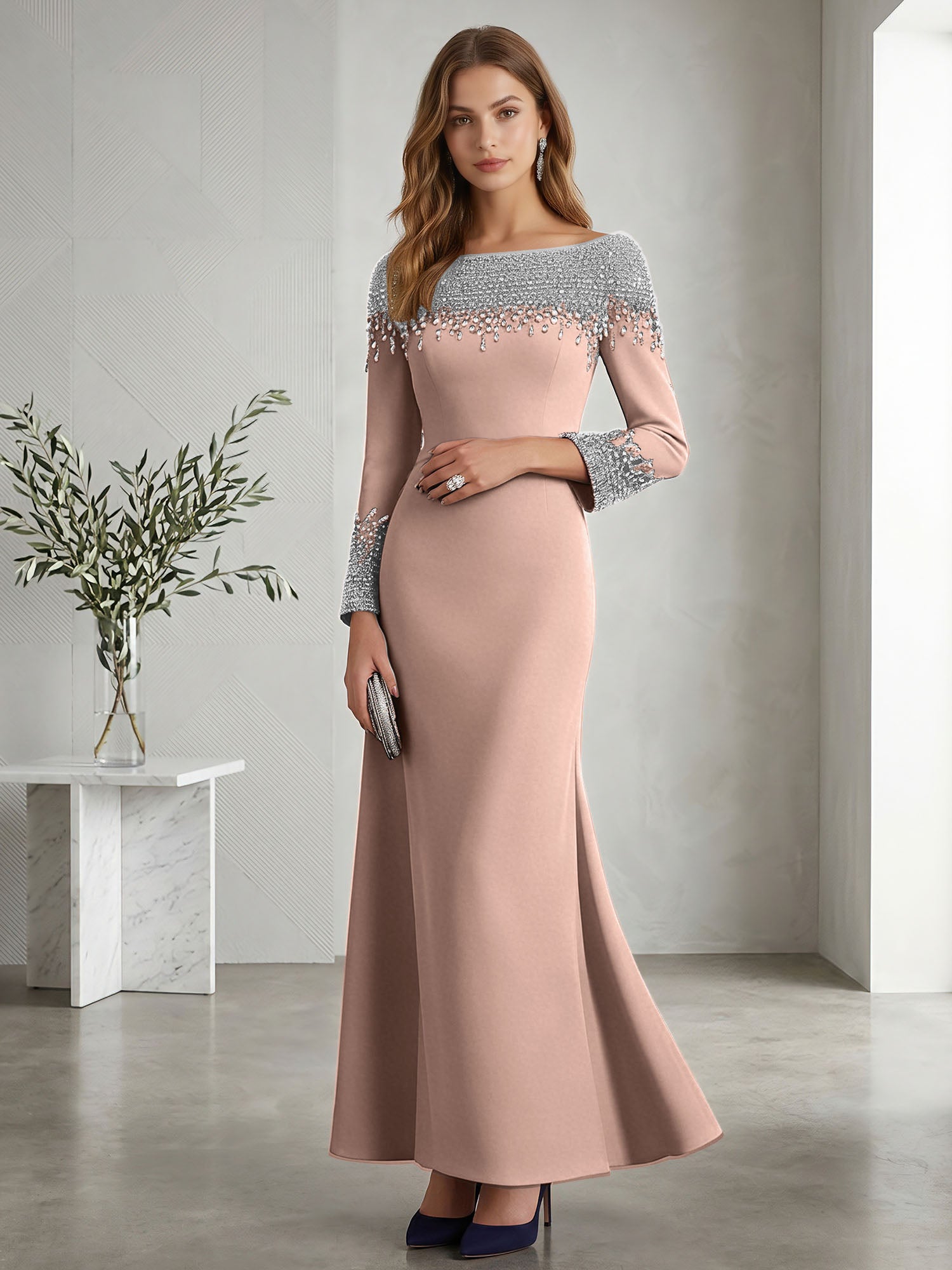 Formal Evening Dress Midnight Navy Velvet Long Sleeves Maxi Dress with Crystal
