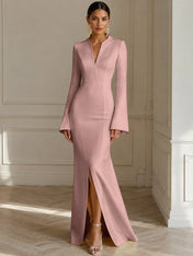 Formal Yellow V Neck Long Sleeves Floor Length Dress With Slit
