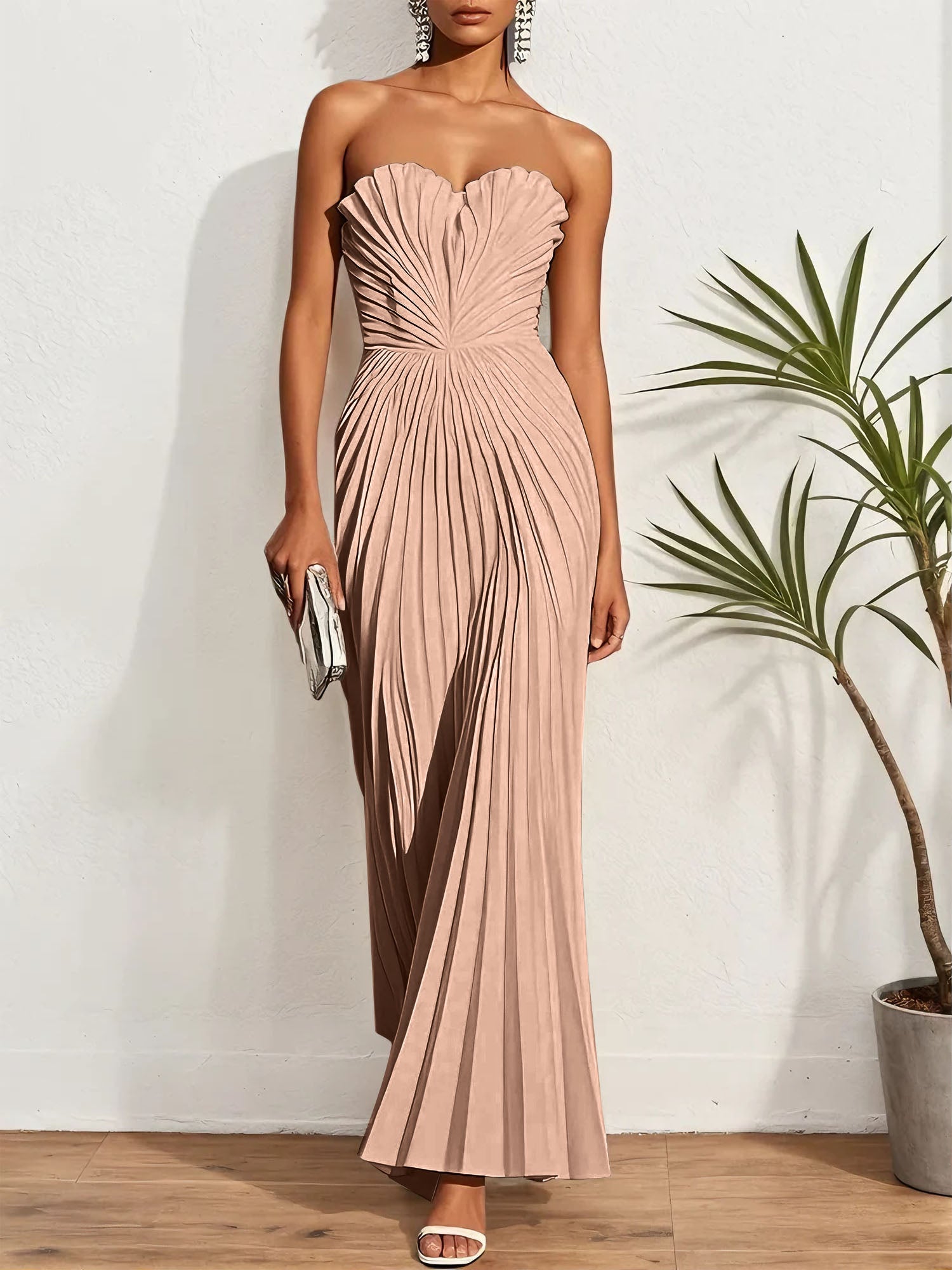 White Pleated Classic Strapless Sleeveless A-Line Maxi Dress