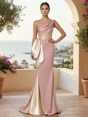 One Shoulder Mermaid Satin Pleat Evening Dresses with Bow