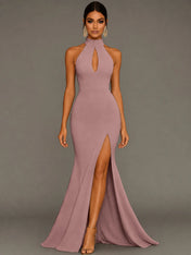 Mermaid Halter Neck Satin Formal Dress with Slit