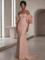White Mermaid Off the Shoulder Ruffled Long Wedding Reception Dress