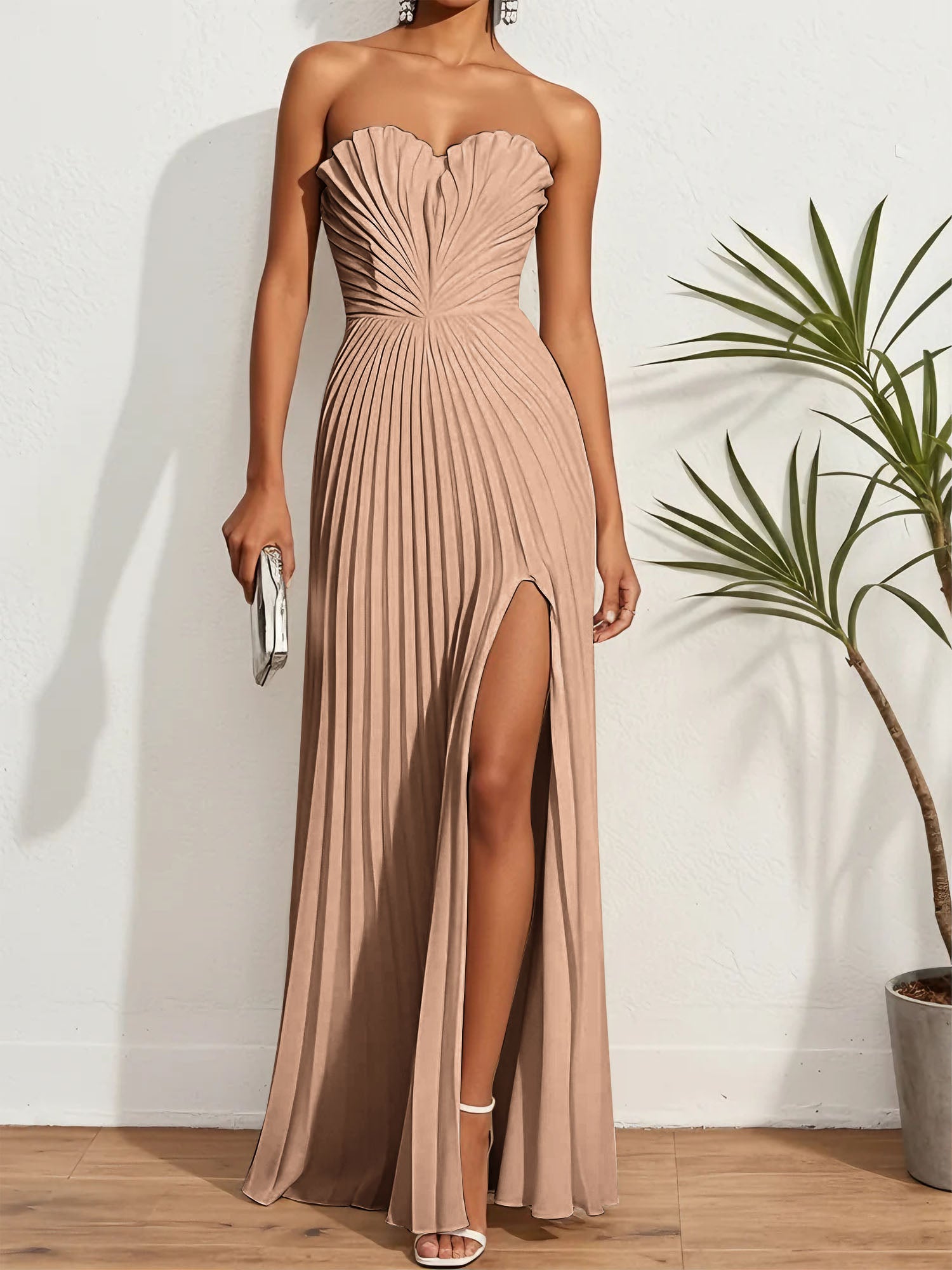 Pleated Classic Strapless Sleeveless A-Line Maxi Dress