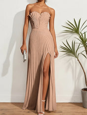 Pleated Classic Strapless Sleeveless A-Line Maxi Dress