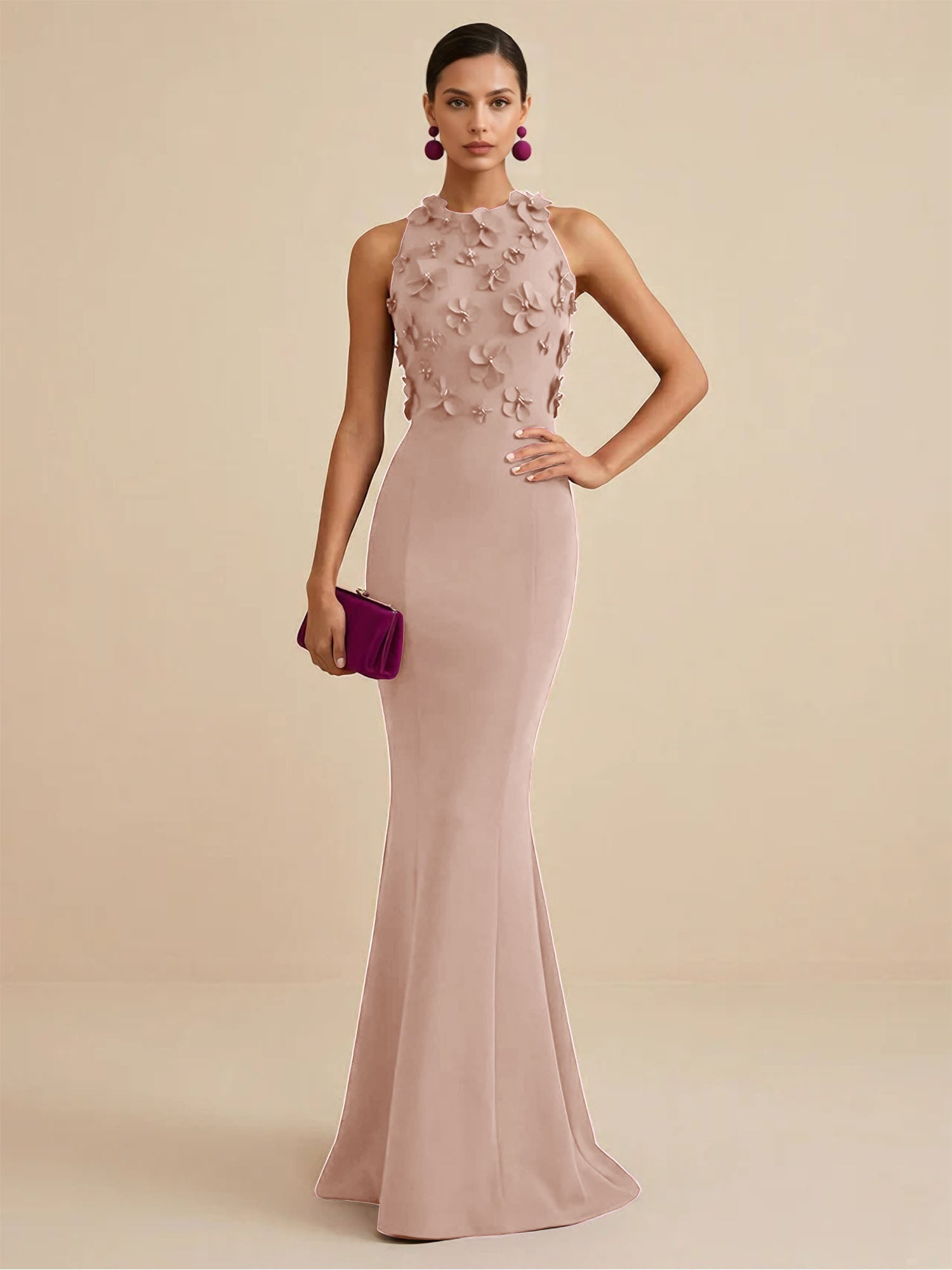 Deep Fuchsia Sleeveless High Neck 3D Floral Mermaid Formal Gown Evening Dress