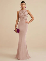 Deep Fuchsia Sleeveless High Neck 3D Floral Mermaid Formal Gown Evening Dress