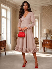 Formal Evening Gown Crimson 3D Rose Hem A-Line Midi Dress