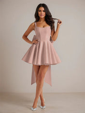 A-Line Square Neck Pleated Mini Homecoming Dress with Bow