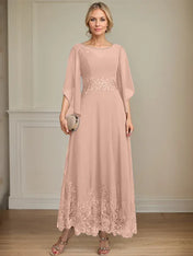 A-line Scoop Illusion Ankle-Length Lace Chiffon Mother of the Bride Dress With Sequins