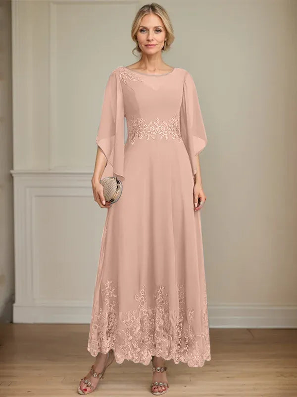 Robe de mère de la mariée trapèze en mousseline de soie et dentelle, longueur cheville, décolleté en V, illusion, avec paillettes 