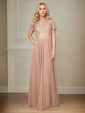A Line Chiffon Boat Neck Short Sleeves Floor Length Pleated Mother of the Bride Dresses