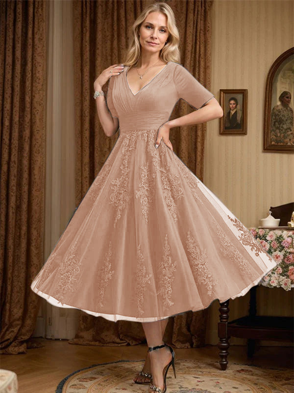 A-line V-Neck Tea-Length Tulle Lace Mother of the Bride Dress With Pleated