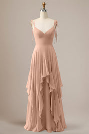 Elegant Dusty Blue A Line Spaghetti Straps Chiffon Long Bridesmaid Dress with Ruffles