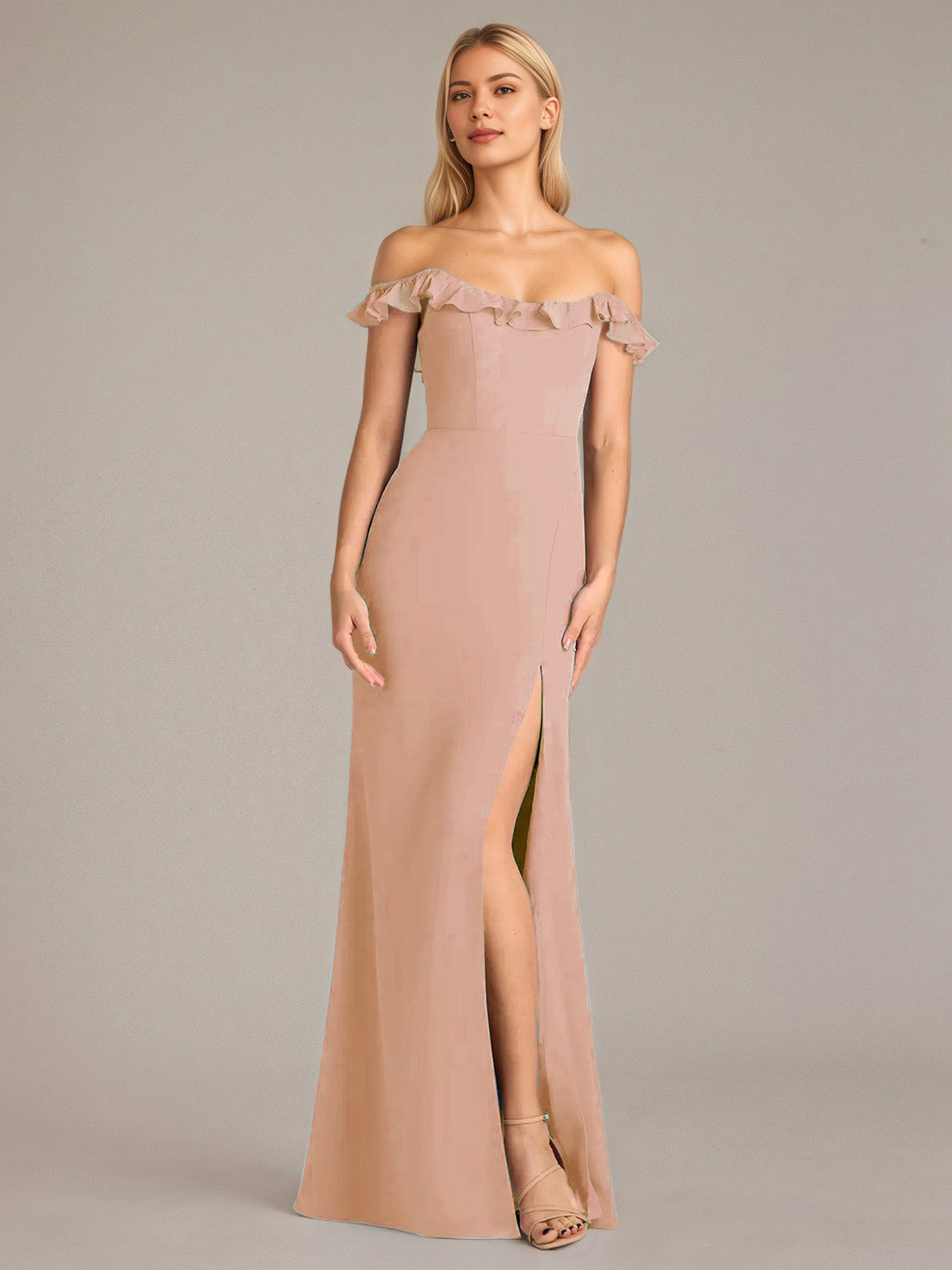 Column Chiffon Off The Shoulder Sleeveless Floor Length Dresses With Ruffles