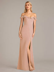 Sheath/Column Chiffon Off The Shoulder Sleeveless Floor Length Dresses With Ruffles