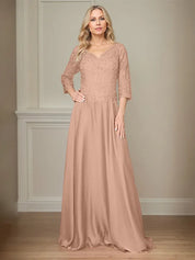 A Line Chiffon V Neck 3/4 Sleeves Floor-Length Mother Of The Bride Dress With Appliques