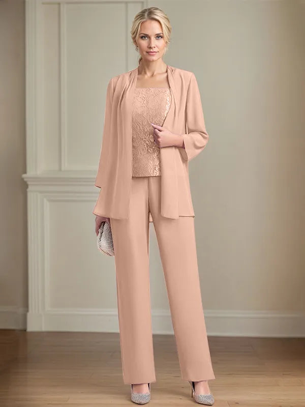 Chiffon Square Neck Sleeveless Floor Length Mother of the Bride Pantsuits