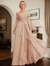 A-line Sweetheart Floor-Length Chiffon Lace Mother of the Bride Dress With Beading Cascading Ruffles