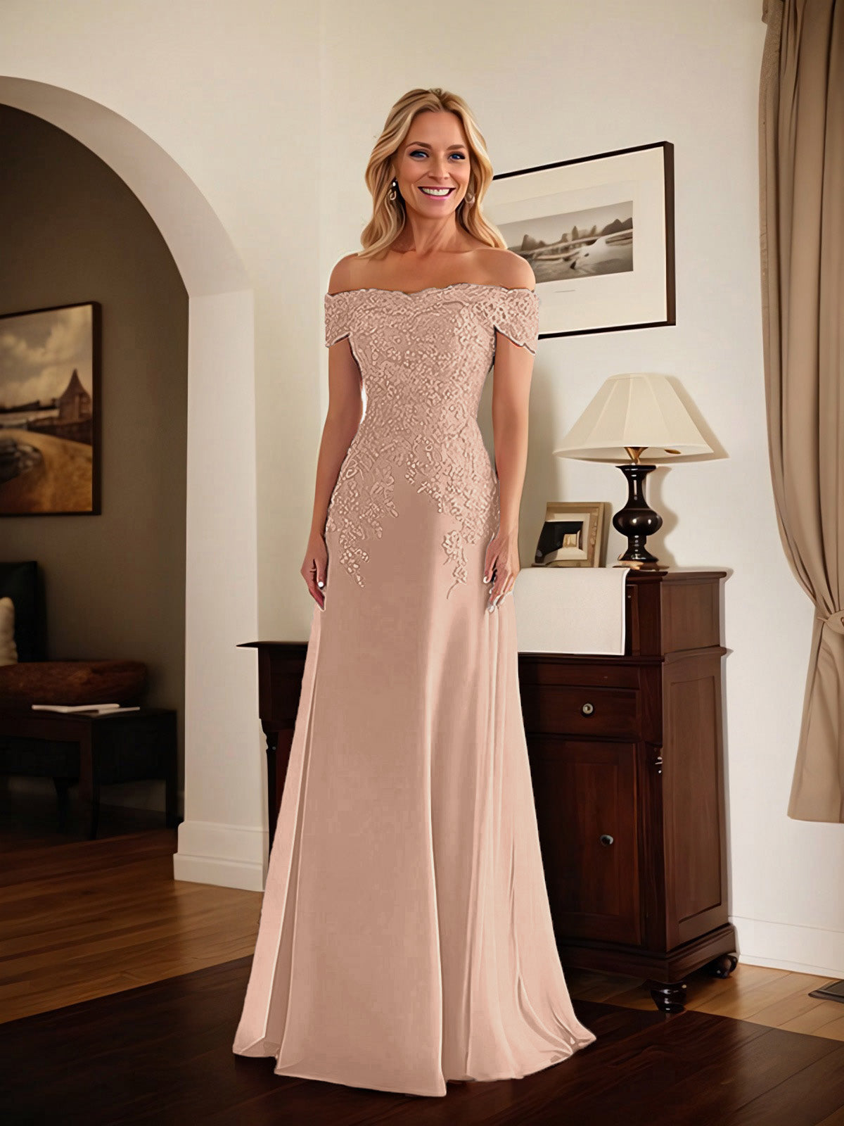 Elegant Taupe Off The Shoulder Sheath Mother of the Bride Dress with Lace
