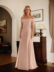 Elegant Taupe Off The Shoulder Sheath Mother of the Bride Dress with Lace