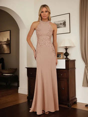 Dusty Blue Sheath Halter Long Mother of Bride Dress With Appliques