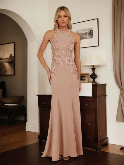 Dreamylily Dusty Blue Sheath Halter Long Mother of Bride Dress With Appliques Dreamylily Dusty Blue Sheath Halter Long Mother of Bride Dress With Appliques