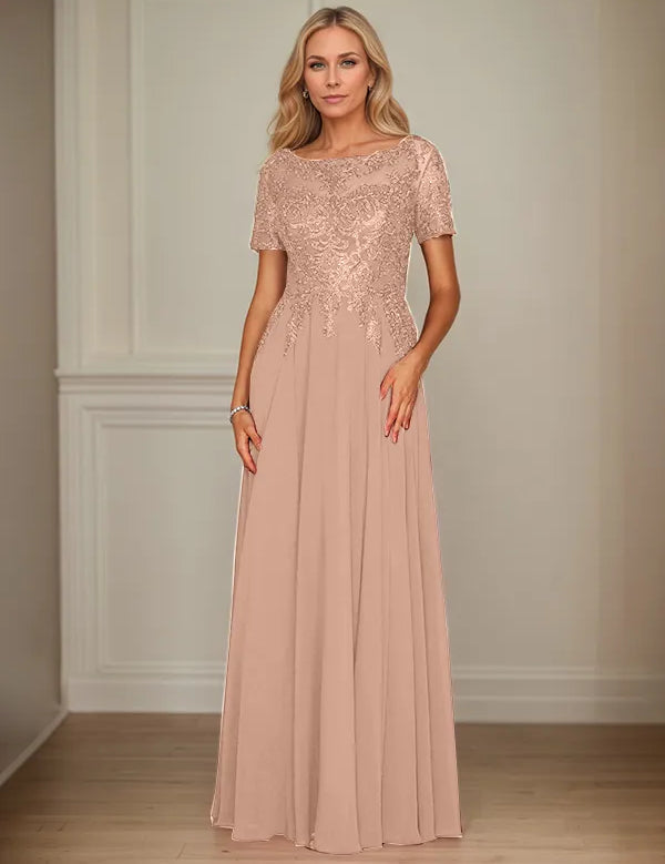 A Line Chiffon Boat Neck Short Sleeves Floor Length Mother of the Bride Dresses
